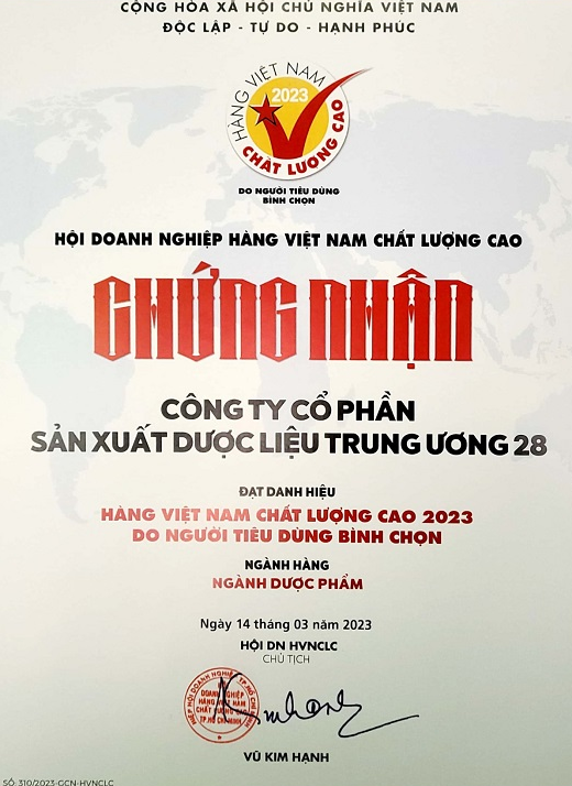 Dược liệu TW28 đạt danh hiệu Hàng Việt Nam Chất Lượng Cao 2023